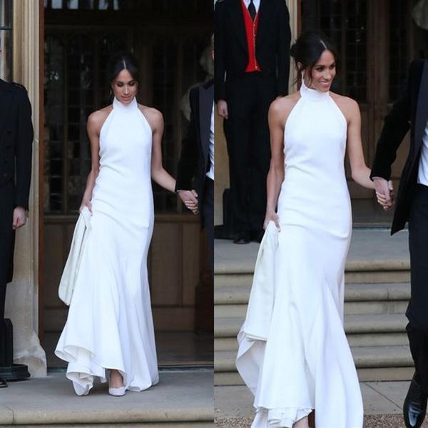 2019 Robes de mariée sirène blanches élégantes Prince Harry Meghan Markle Robes de soirée de mariage Halter Soft Satin Wedding Recept Dress307l