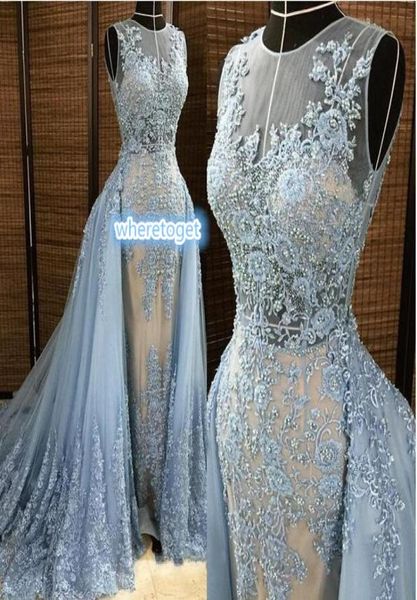 2019 Robes de soirée Elie Saab Dovitable Overskirt Deep V Illusion Neck Bluegray Pearls Appliques de dentelle en perle