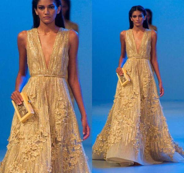 2019 Elie Saab robe de bal jaune col en V profond une ligne sans manches perles Bling robe de soirée 3D appliques florales dentelle fête formelle W5105400