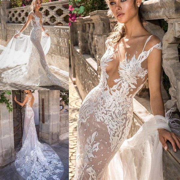 2019 Elihav Sasson Vestidos de novia de sirena Vestidos de novia de encaje con cuello transparente vestido de novia Manga casquillo Vestido de novia de playa 279c