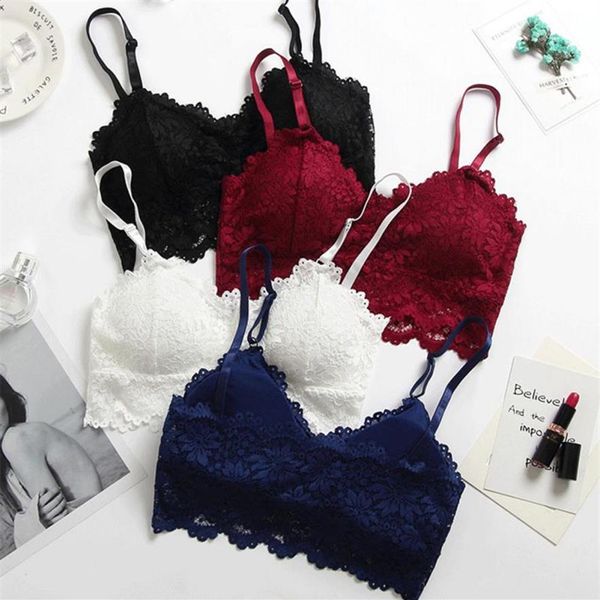 Sujetador bordado 2019 para mujer, Bralette de encaje rojo vino, azul, blanco y negro, sujetador de talla grande, Push Up, inalámbrico, sin espalda, Sexy Bras211g