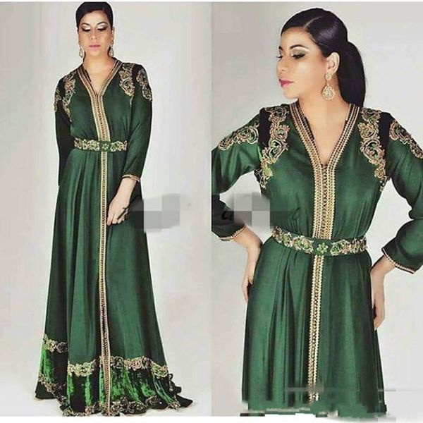 2019 Emerald Green Marocain Caftan Robes de soirée à manches longues à manches longues Custom Make Gold Kaftan Dubai Abaya Arabic Evening Wear robes 214W