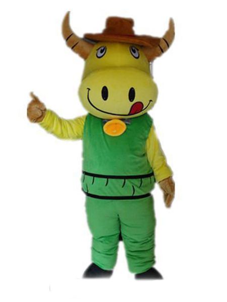 2019 usine chaude un costume de mascotte de bétail jaune porter un costume vert avec une petite cloche à vendre