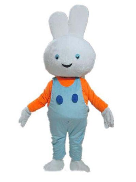 2019 Factory Outlets chaud un costume de mascotte de lapin blanc avec une chemise orange et un pantalon à bretelles bleu à vendre