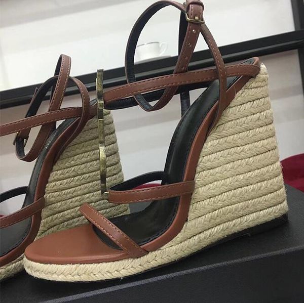 Y Marca de lujo Sandalias de mujer Cuero genuino 12 cm Cuñas Tacón Zapatos de mujer Tacones altos Diseñador sexy Sandalia Correa trasera 42