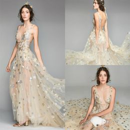 2019 Fairy Prom Dresses Lentejuelas Star Deep V Neck Sweep Train Sin mangas Vestido formal Party Evening robes de soiree Plus Size Eveni272a