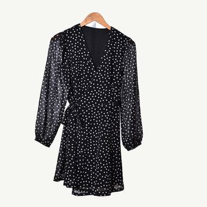 2019 herfst winter lange mouw v-hals zwarte polka dot print ruche korte mini jurk vrouwen mode jurken D2616292