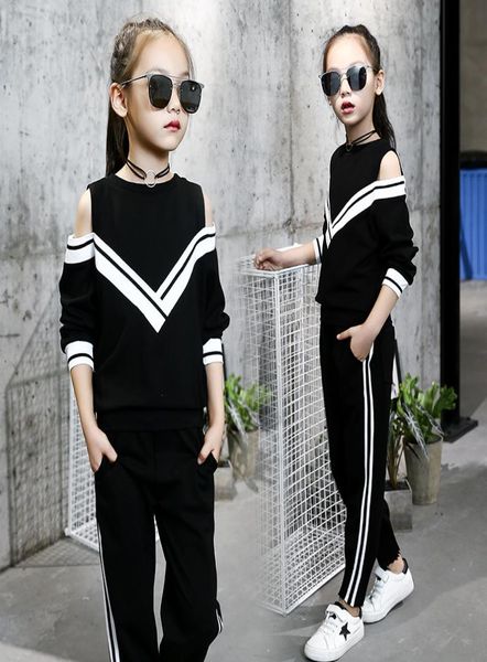 2019 Fashion Big Girls Sports Costumes Off épaule Vêtements blanc noir ensemble pour adolescents Spring Automne Tracksuit Kids Sportswear Sh11120053