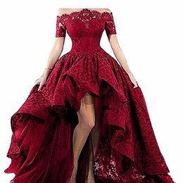 2019 Fashion Black Lace Strapless van de schouder Korte mouwen High Low Prom Dresses Lace Evening feestjurken Vestido Longo Al08 274K