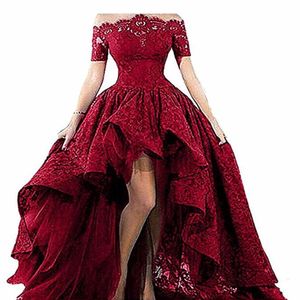 2019 Fashion Black Lace Strapless van de schouder Korte mouwen High Low Prom Dresses Lace Evening feestjurken Vestido Longo Al08 258C