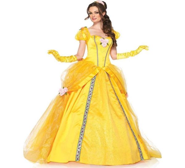 2019 disfraces de moda para mujeres, vestidos de Bella para adultos, vestidos de fiesta elegantes para niñas, vestido largo de princesa amarillo con flores, Cosplay de Anime para mujer 4727526