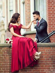 2019 mode donkerrode prom jurk schede plooien zacht satijn van de schouder applique kralen avondjurken vestido de novia formele jurk lang