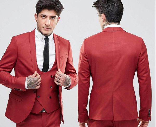 Moda Guapo Novio Esmoquin Solapa Un botón Tres bolsillos Trajes de novio Trajes de padrino extremadamente geniales (chaqueta + pantalones + chaleco)