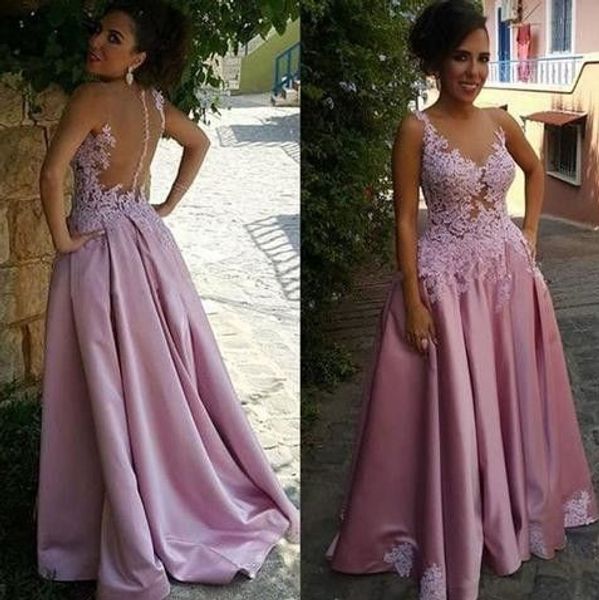 2019 Moda Lila Bordado Encaje Vestidos de baile Apliques largos Con cuentas Escote en v Ver aunque Top Fruncido Satén Vestido de quinceañera para dulces 16 niñas