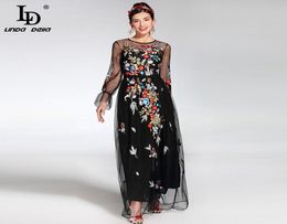 2019 Fashion Runway Maxi Robe Women039s Elegant Long Mancheve Tulle Gauze Fleur broderie florale noire Vintage Long Robe Y1904692675