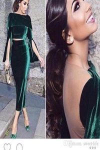 2019 Fashion Two Pieces Robe Dubai Vintage Green Velvet Evening Feestjurk Korte formele jurken Tealengte Arabische cocktailjurken 7864088