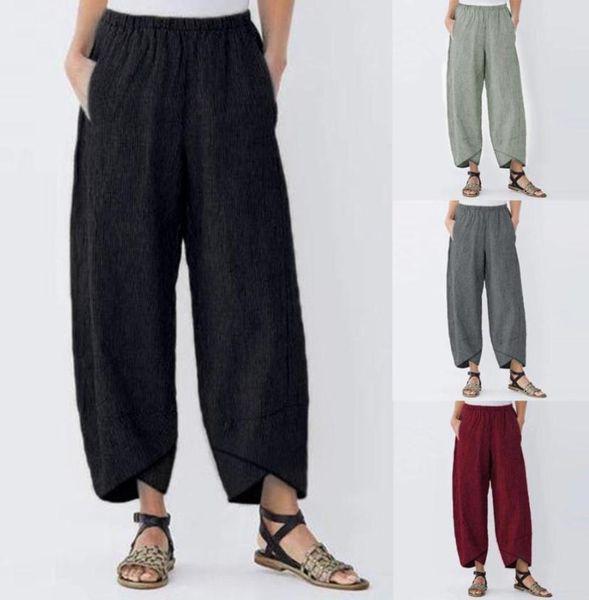 2019 mode femmes pantalons de Yoga décontracté solide poche élastique taille haute pantalon en lin ample respirant Baggy pantalon 2035019