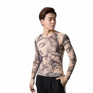 2019 Fi Hombres Tatuajes falsos Camisetas LG Manga Modal Elástico Fino Todo Impresión O-Cuello Tatuaje Camisas Halen Ropa e97G #
