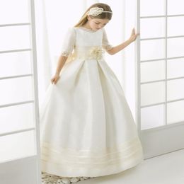 Vestidos de la Primera Comunión 2019 para chicas Vestidos de gota de pelota de encaje de satén Media manga vestidos de niña de flores para bodas vestidos de concurso de niñas 223Z