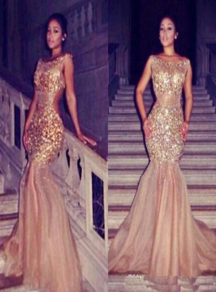 2019 Formal Sexy Gold Nude Voir à travers les robes de soirée Sirène Serre Cour Crystal Crystal Tulle Backless Celebrity Prom Robes6806916