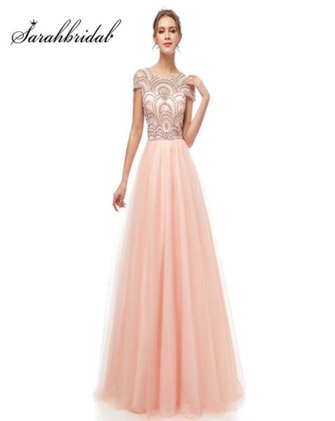 2019 Tenue de soirée robe de bal robes longues de soirée élégantes femmes 039s Tulle Cap manches perles robes de soirée de bal Occasion spéciale4884755