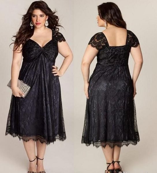 Vestidos para madre de novia de encaje completo, talla grande, manga casquillo, línea A, longitud del té, vestidos cortos elegantes negros para madre, vestidos de noche