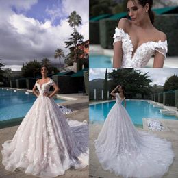 Full Lace A-lijn Trouwjurken Schouderafhangend 3D-Floral Lace Applicaties Bruidsjurken met Corset Back Tulle Long Court Sleep