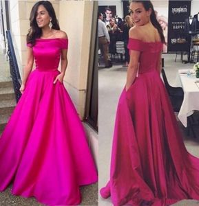 2019 Fushcia Long Prom Dresses Boat Neck van de schouder korte mouw roze satijnen vloer lengte avondjurken goedkoop formeel PA9660563