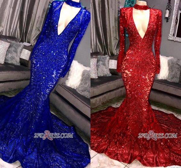 2019 Glamorous Royal Blue Red Sequins Sirena Vestidos de baile Sexy Cuello en V profundo Mangas largas Vestidos de noche de celebridades BC0842