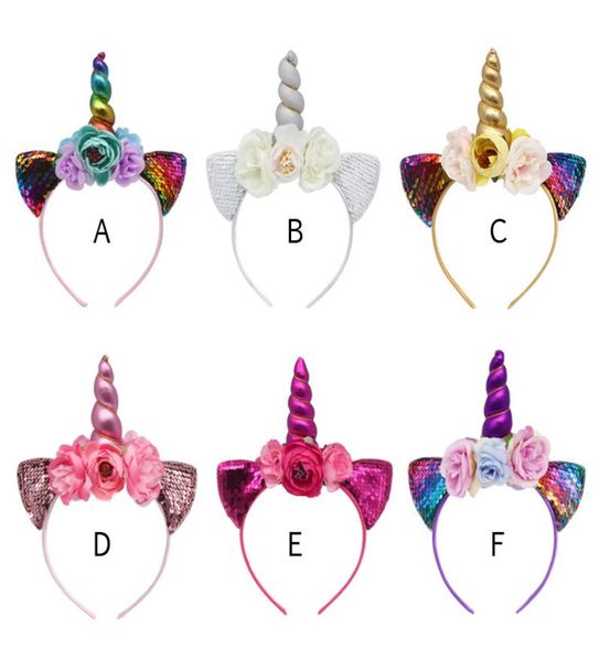 2019 paillettes métalliques Band Girls Fleurs en mousseline de mousseline pour enfants Fleur Fleur Unicorn Horn Party Hair Accessoires 6788274