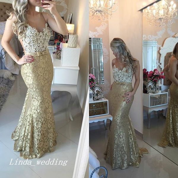 2019 Vestido de fiesta de color dorado Una línea de encaje largo con lazo Vestido de fiesta de noche formal Tallas grandes vestidos de festa2966