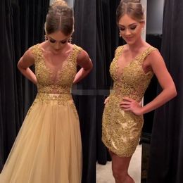 2019 Vestidos de fiesta dorados con tren desmontable Tul Cuello transparente Lujo con cuentas Apliques de cristal Cóctel Vestido de fiesta por encargo