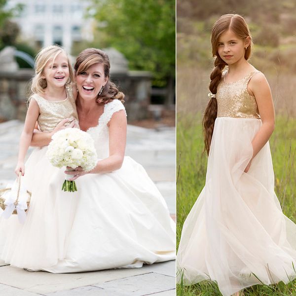 2022 Lentejuelas doradas Vestido de niña de las flores Tul Hasta el suelo Vestidos de damas de honor para niños Boda Vestidos de Navidad Concurso