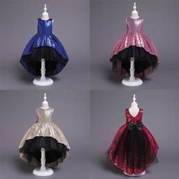 2019 Lentejuelas doradas Alto Bajo Diseñador Vestidos para niños Vestido formal de niña de flores Joya Sin mangas Arco grande Faja Tul negro Pageant 2773