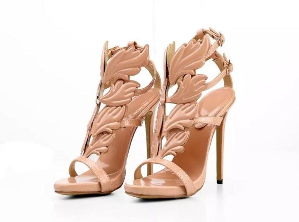 2019 Golden Metal Wings Leaf Robe lanière sandale dorée talons hauts chaussures femmes sandales ailées métalliques6636736