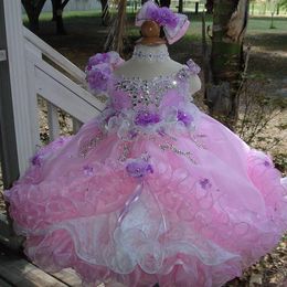 2019 magnifique robe de bal filles robes de reconstitution historique perlée enfant en bas âge dos organza volants coupe gâteau fleur filles robe pour mariages233T