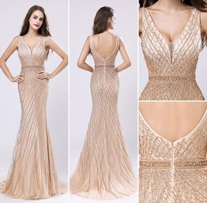 2019 Prachtige Champagne Goud zeemeermin Avondjurken zware Kralen Party Pageant Jurken Arabische Celebrity Jurk Vintage formele Prom 1953815