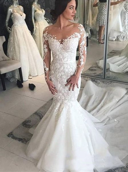 2019 magnifiques robes de mariée en tulle de dentelle style sirène à manches longues dos fermeture éclair balayage train robes de mariée de mariage