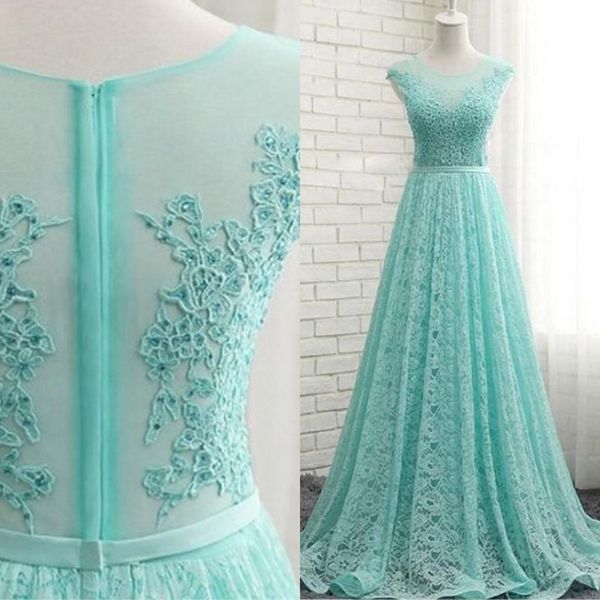 2019 Magníficos vestidos largos de baile Vestido de encaje turquesa vintage Vestido formal Joya transparente Cuello Ilusión Cuentas traseras Lentejuelas Apliques Vestido con cremallera