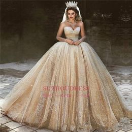 2020 magnifique luxe robe de bal d'or robes de mariée pure manches longues paillettes balayage train arabe Quinceanera Pageant robes BC0953