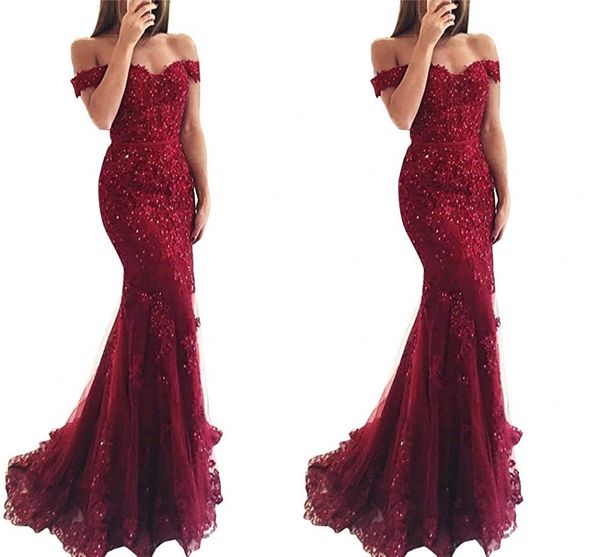 2019 Nouveau Bourgogne Rouge Royal Bleu Pas Cher Sirène Robes De Bal Longue Épaule Perles Paillettes Dentelle Applique Soirée Porter Robe Formelle