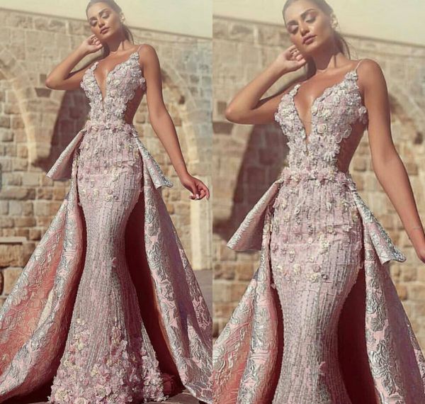 2019 magnifiques robes de bal de sirène avec train détachable col en V profond dentelle 3D Floral Appliqued robe de soirée perles longues robes de Quinceanera