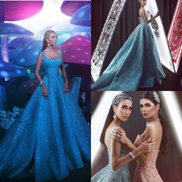 2019 Robes De Bal Magnifiques Quinceanera Porter Col Carré Une Ligne Dentelle Perlée Robes De Soirée Cristal Paillettes Arabe Cocktail Robes