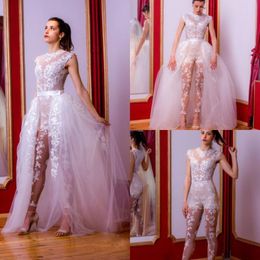 2019 magnifiques robes de mariée combinaisons avec traîne détachable dentelle Appliques grande taille robes de mariée pantalons costumes robe de mariee220D