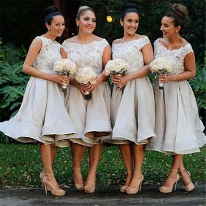 2019 grijze plus size bruidsmeisje jurken off schouder thee lengte kant taffeta piping gedrapeerde a-lijn trouwjurk bruidsjurken formele jurken