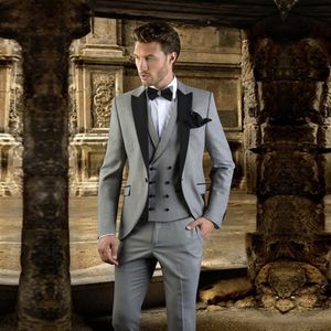 2019 Grijs Met zwart Laple Mannen Pak Slim Fit Prom Wedding Tuxedo Jacket Broek Vest Moderne Blazer Bruiloft Bruidegom Suits Regular340S