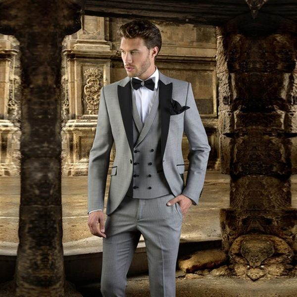 2019 gris con negro Laple hombres traje Slim Fit Prom boda esmoquin chaqueta pantalones chaleco moderno Blazer boda novio trajes Regular302C