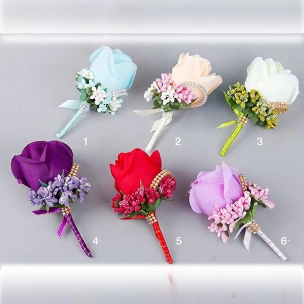 2019 Accessoires de marié 6 couleurs meilleur homme Fleur de soie Demoiselle d'honneur Rose Soie Corsage Gentleman Rose Boutonnière Bouquets de mariage pas cher