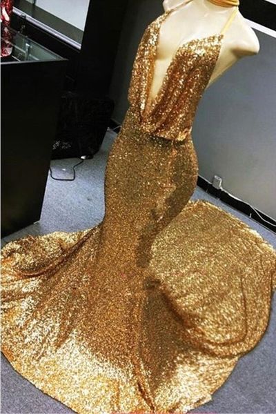 2019 halter lantejoulas sereia vestidos de baile ouro babados sem costas varredura trem festa vestidos de noite bc1258