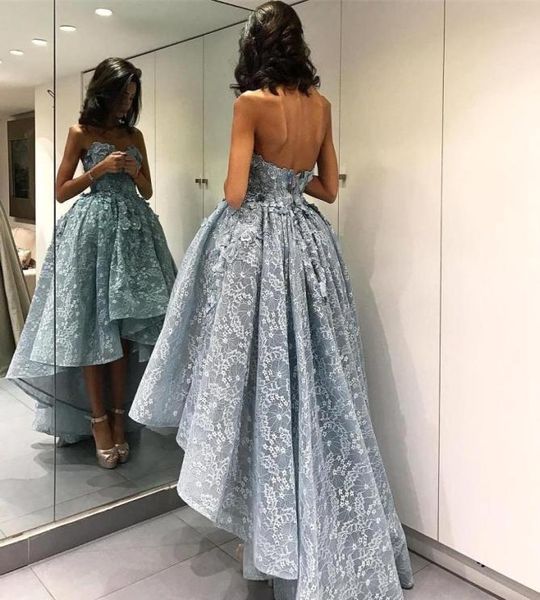 2019 Hi Lo vestido de fiesta de encaje completo azul hielo vestidos de fiesta cariño sin espalda Zuhair Murad talla grande cóctel ropa de noche formal barato8471918